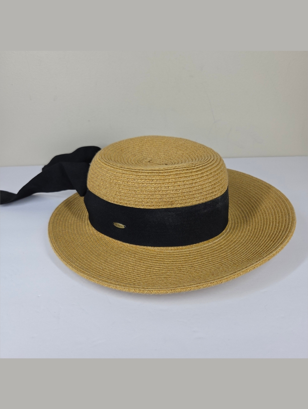 Scala Paper Straw Sun Hat Black Ribbon Beach Coastal Summer Boho Cruise Vacay OS